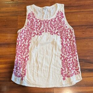 Lucky Brand White Tank Top with Pink Embroidery